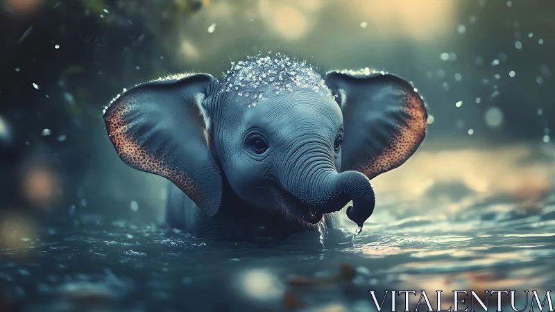 Playful baby elephant in glowing bokeh forest water scene.