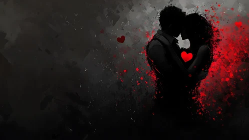 Silhouetted Figure Embracing Within Red Particulate Matter Field.