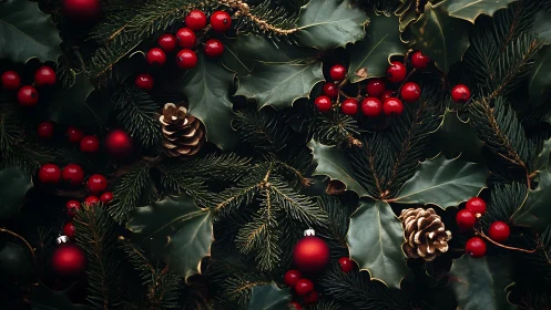Holly leaves, red berries, pine branches and ornaments fill frame