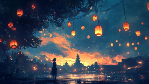 Girl watches glowing lanterns over lakeside temple at dusk.