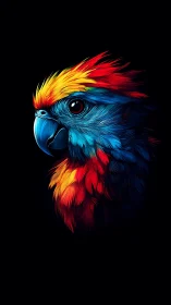 Vivid neon parrot portrait glows against pure black background