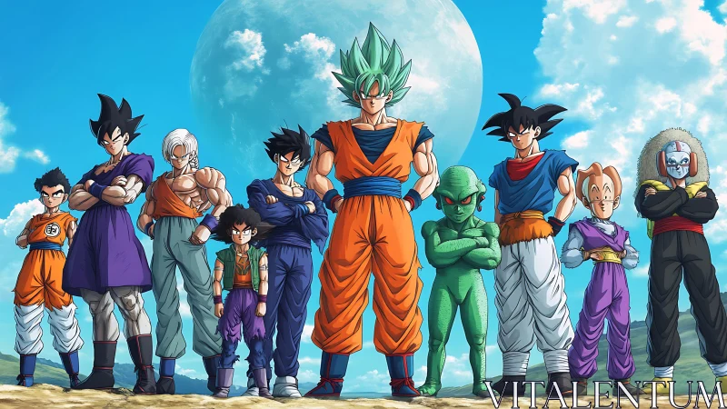 Lineup of anime warriors on rocky plateau under large moon.