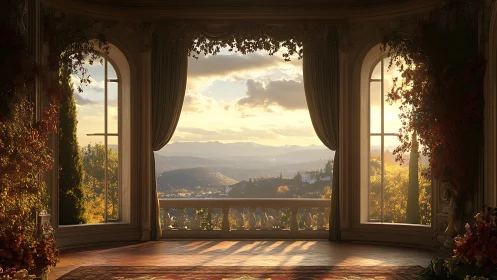 Interior balcony view over distant hills at sunset.