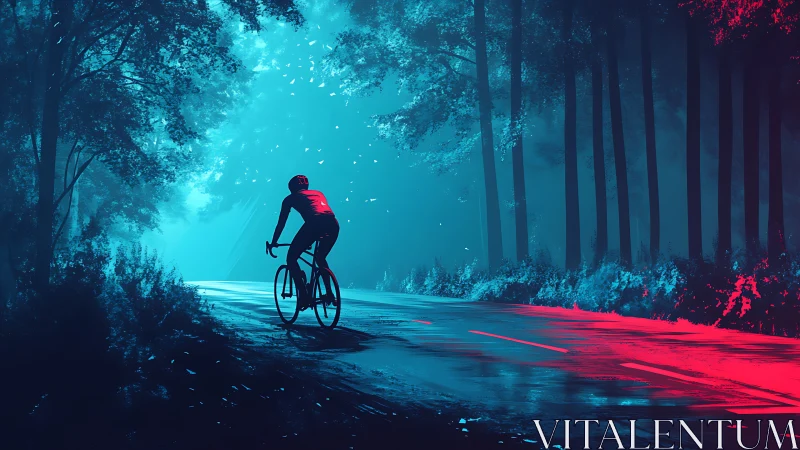 Cyclist on Forest Road with Cyan and Red Lighting