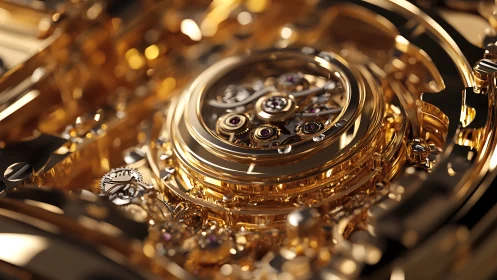 Golden clockwork galaxy hums softly in jeweled precision