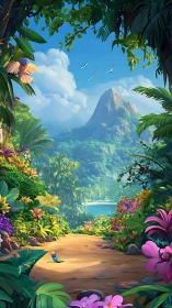 Lush tropical jungle path opens toward distant mountain peak