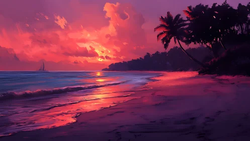 Radiant tropical shoreline under vivid magenta sunset glow.
