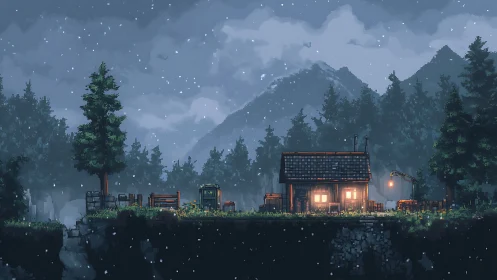 Snowy pixel cabin in dense conifer forest at dusk.