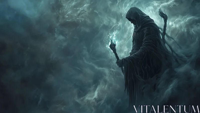 Silent stormcaller in swirling ghostly twilight mist.