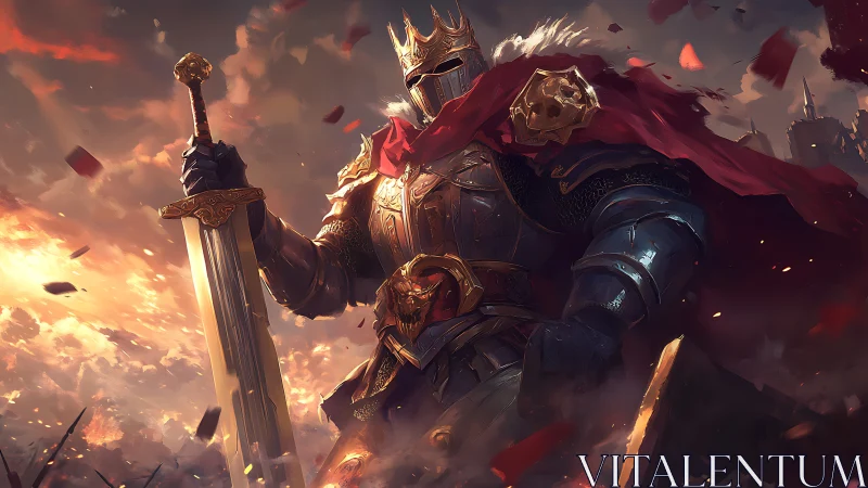 Armored king raises colossal sword amid burning battlefield