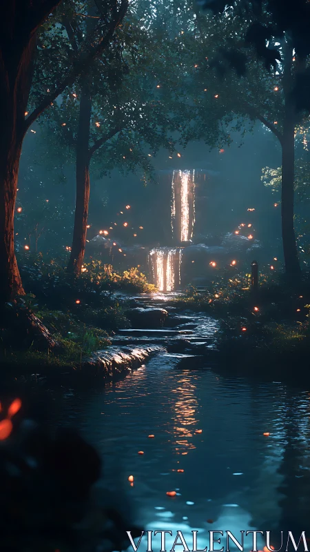 Enchanted forest waterfall glows softly in misty twilight