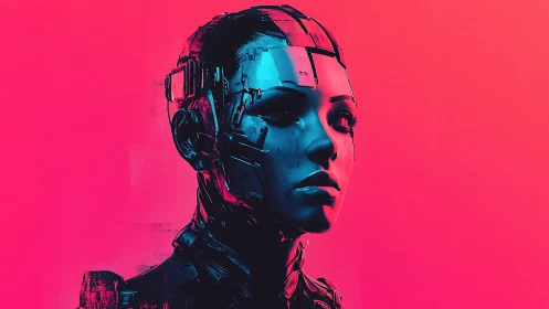 Neon cyan magenta cyborg portrait with reflective plating.