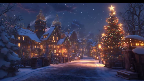 Snowy village street with glowing Christmas tree at night.