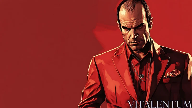 Stylized red-suited male portrait uses dramatic chiaroscuro lighting