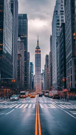Empire State Building rises over wet New York avenue at dusk