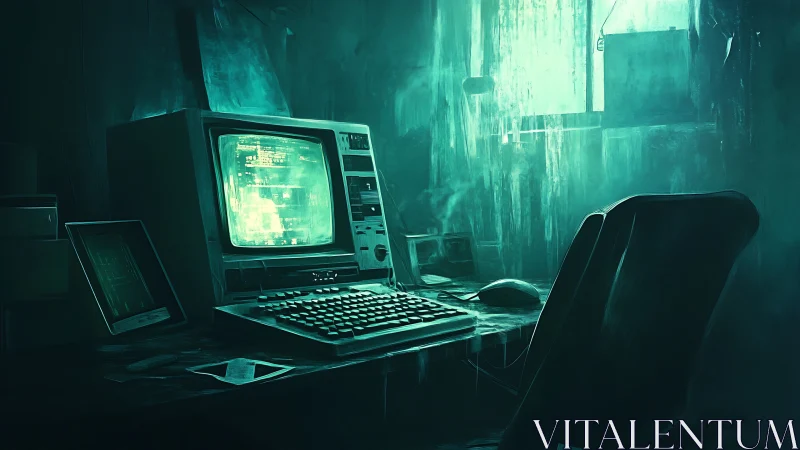 Retro terminal glows in a moody, neon-soaked hacker den.