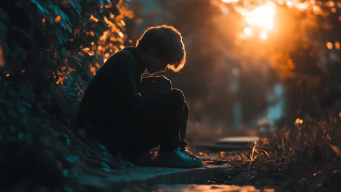 Quiet sunset pause with a thoughtful person outdoors.