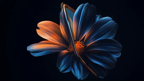 Blooming phone unfolds gently within glowing blue petals
