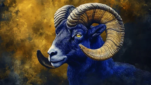 Midnight blue ram portrait with golden textured bokeh background.