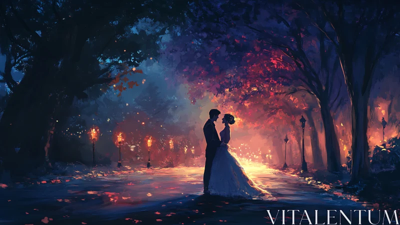 Ethereal Wedding Embrace Amid Luminescent Forest Pathway.