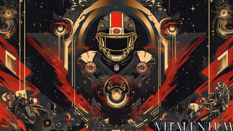 Futuristic NFL quarterback montage in kinetic red gold abstraction