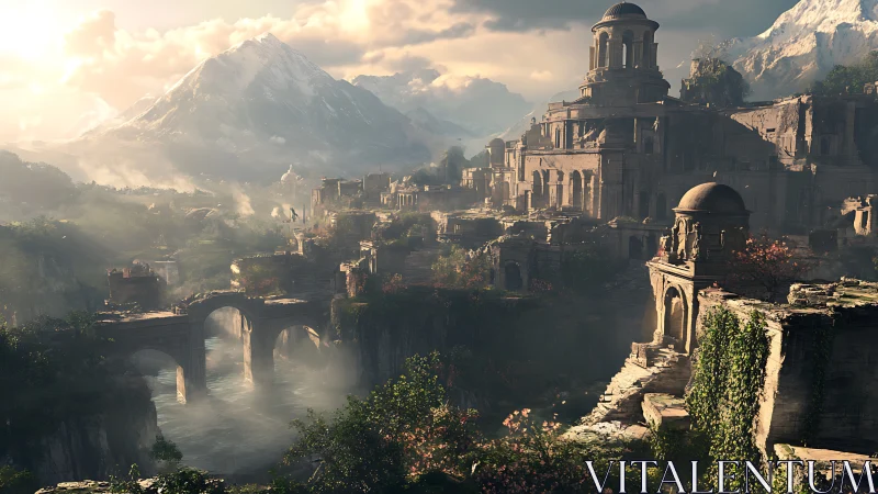 Sunlit mountain citadel crowns misted river gorge. Period.