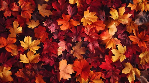 Dense maple leaf carpet displays varied autumnal chromatic gradients