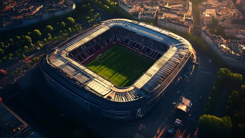 Rectangular football stadium viewed from elevated perspective