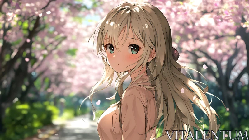 Backlit anime girl under shallow-depth cherry blossom bokeh