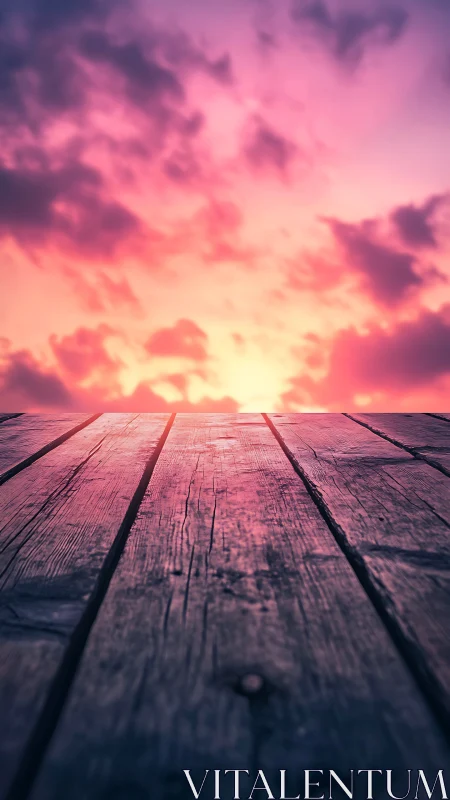 Weathered wooden deck leads toward vivid pink sunset sky