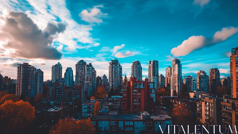 Photorealistic high-rise skyline with saturated urban color grading.