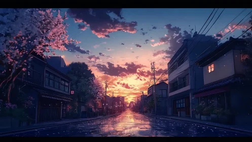 Twilight reflections render a tranquil cherry blossom street