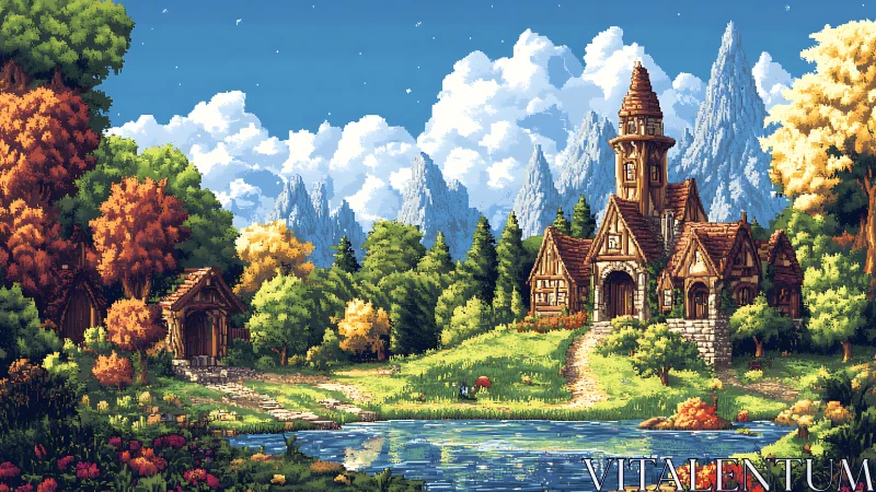 Pixel art fantasy chapel by lakeside amid autumn forest