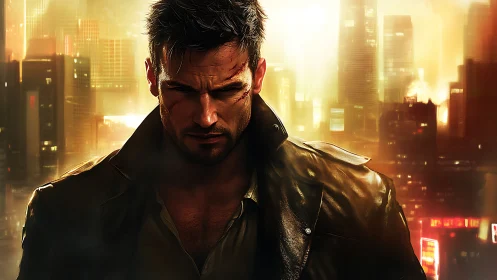 Scarred man in leather coat stands before glowing city