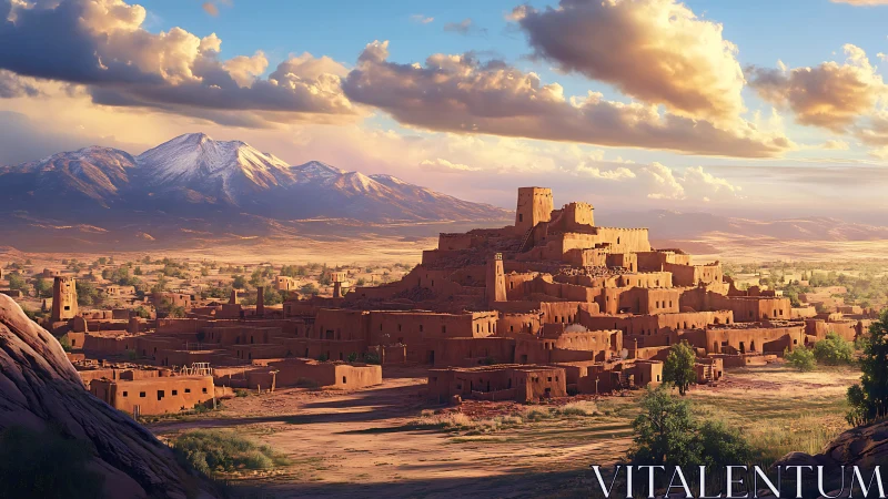 Sunlit desert citadel beneath distant snow peaks.