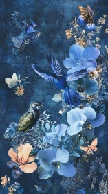 Blue Floral Composition with Birds and Butterflies