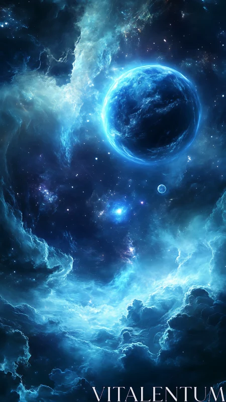 Gentle blue planet drifting through luminous cosmic clouds.