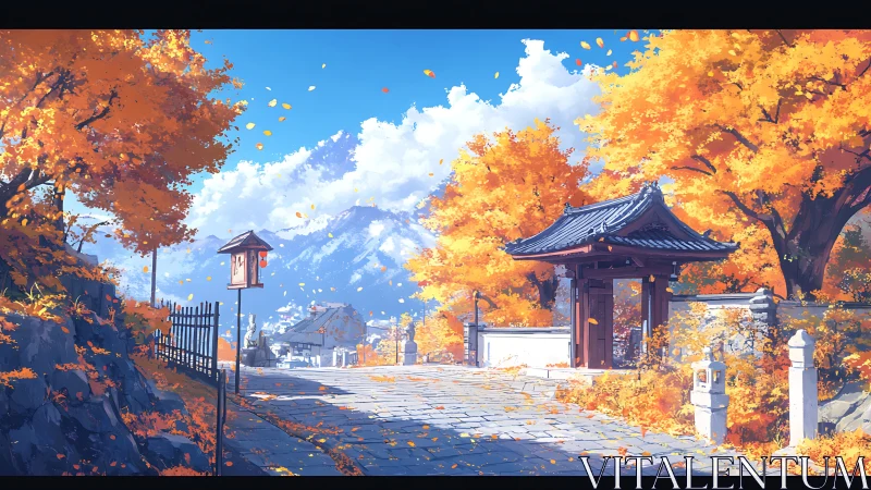 Autumn temple gate under vivid foliage and distant mountains.