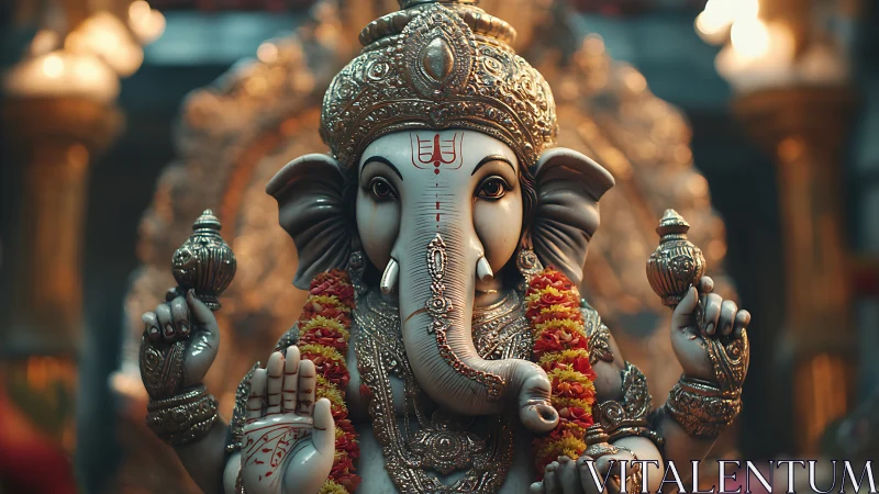 Photorealistic Ganesha idol in ornate devotional close-up focus.