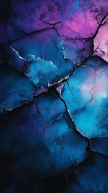 Cracked neon ice surface glows with blue and violet light