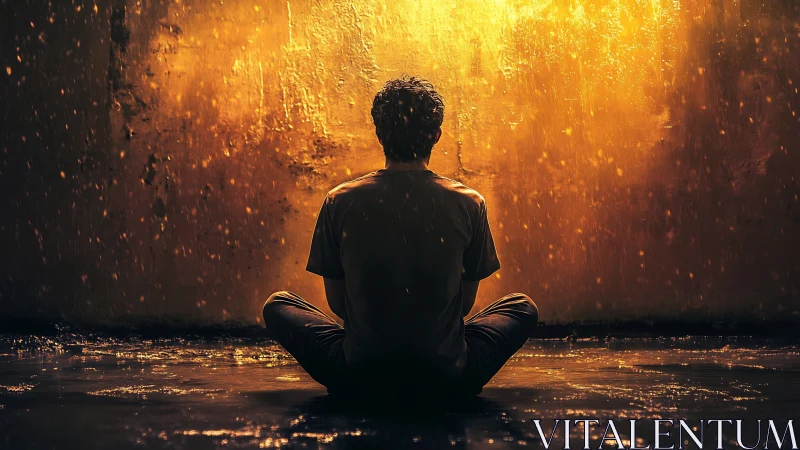 Solitary figure meditating in warm rainlit urban glow.