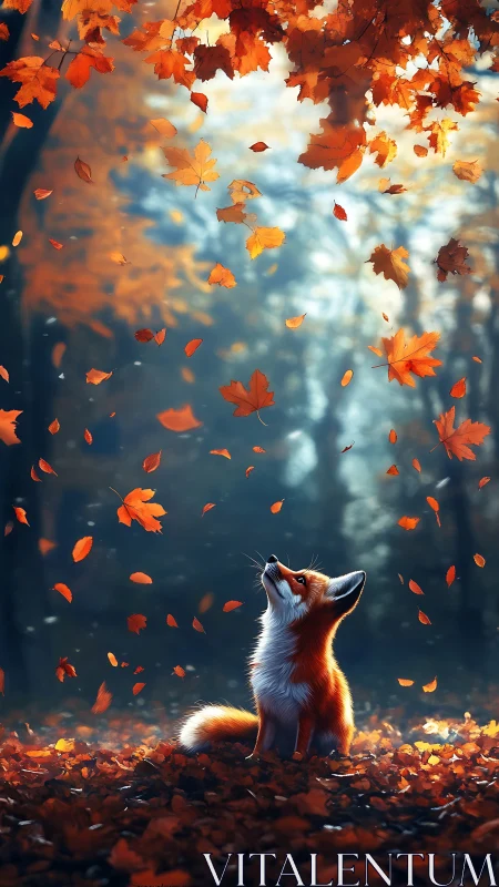 Fox beneath drifting autumn leaves in glowing forestscape.