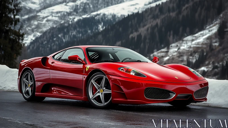 Red sports car gleams against dramatic snowy mountain pass