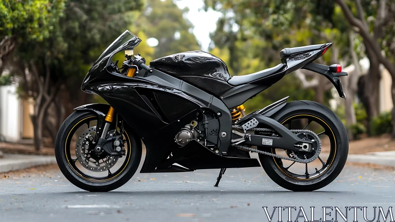 High-gloss black supersport motorcycle stands in side profile