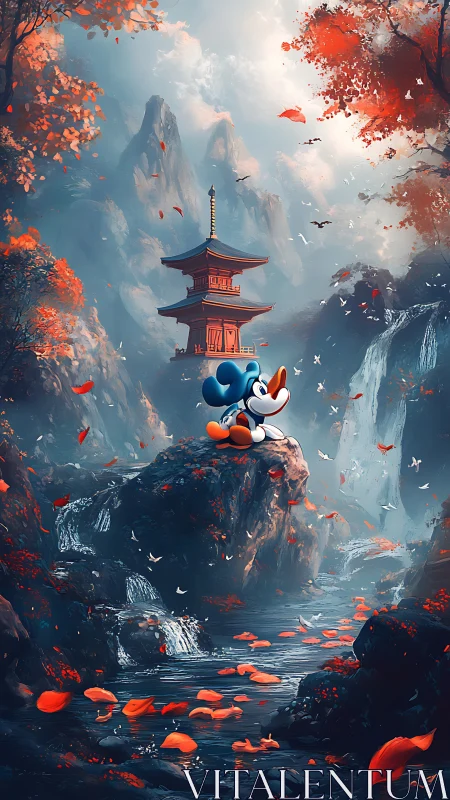 Cartoon mouse in serene Japanese canyon with pagoda.