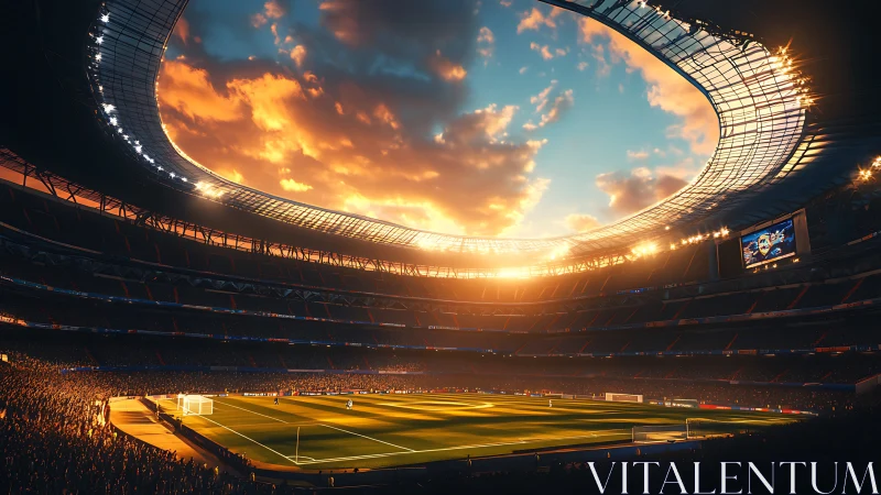 Sunlit football stadium interior under dramatic sky at dusk.