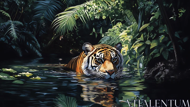 Solitary tiger swims through shadowed jungle lagoon