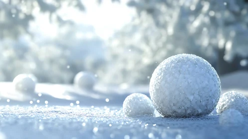 Glittering snow spheres bask in dreamy winter morning light.