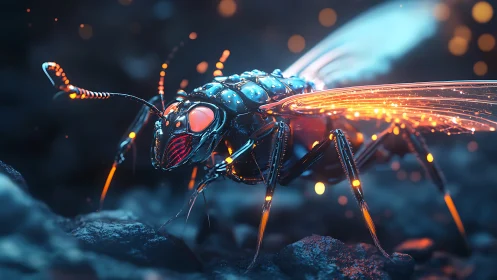 Neon-glow cyber firefly explores a tiny midnight world.