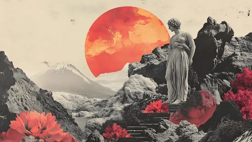 Classical marble figure in surreal volcanic landscape collage.